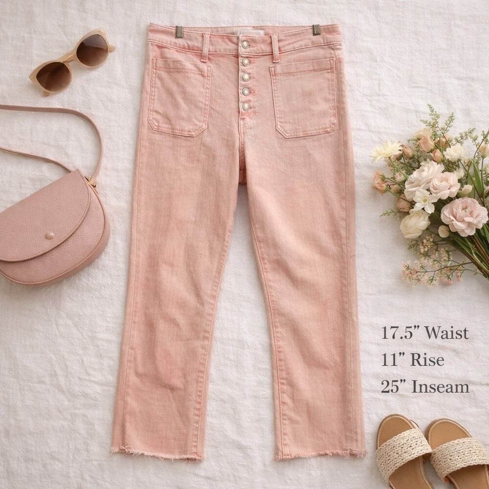 VERVET Blush Pink Button Fly Cropped Jeans Size 32 High Rise Raw Hem Straight